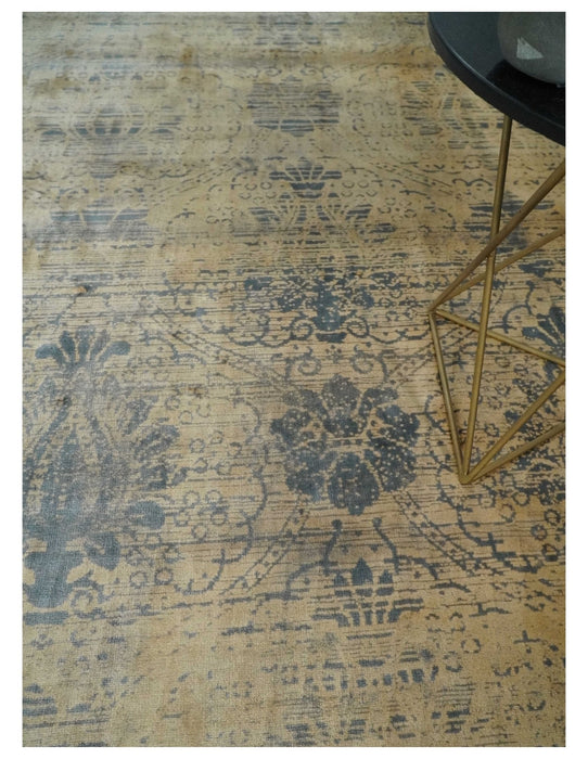 7.6x9x10 Charcoal and Gold Modern Ikat Design Handmade Art Silk Area Rug