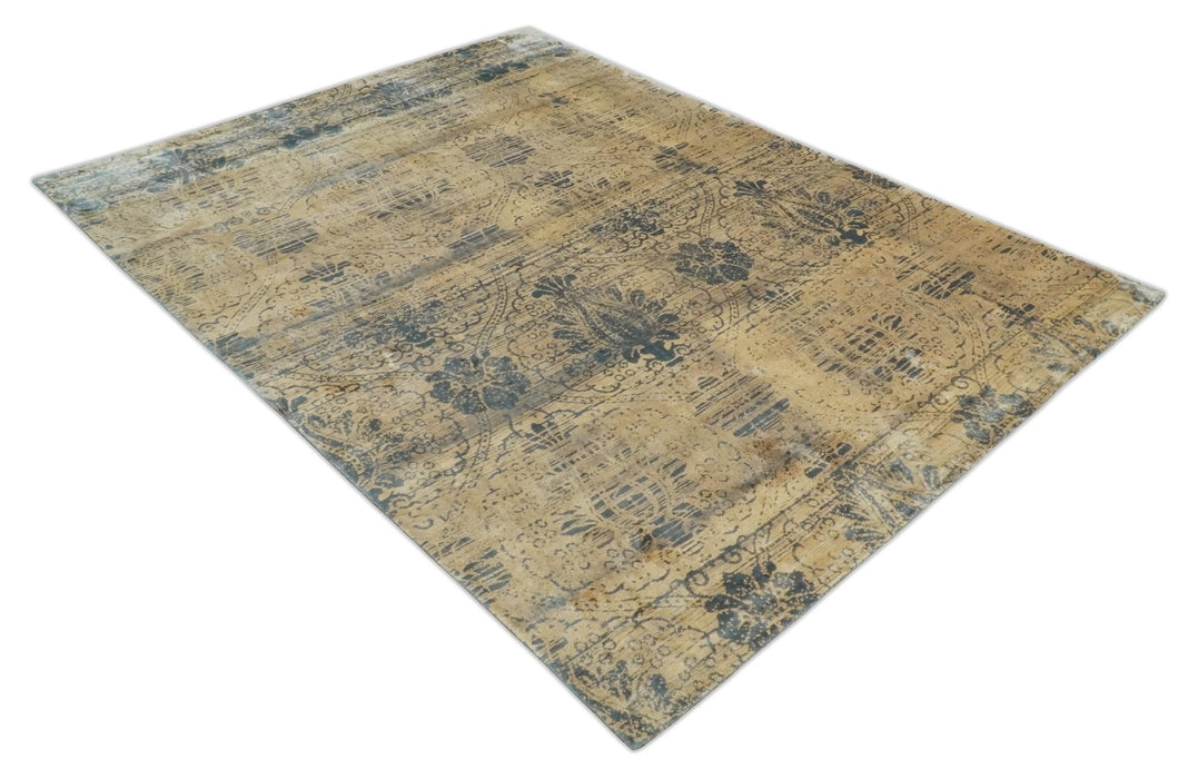 7.6x9x10 Charcoal and Gold Modern Ikat Design Handmade Art Silk Area Rug