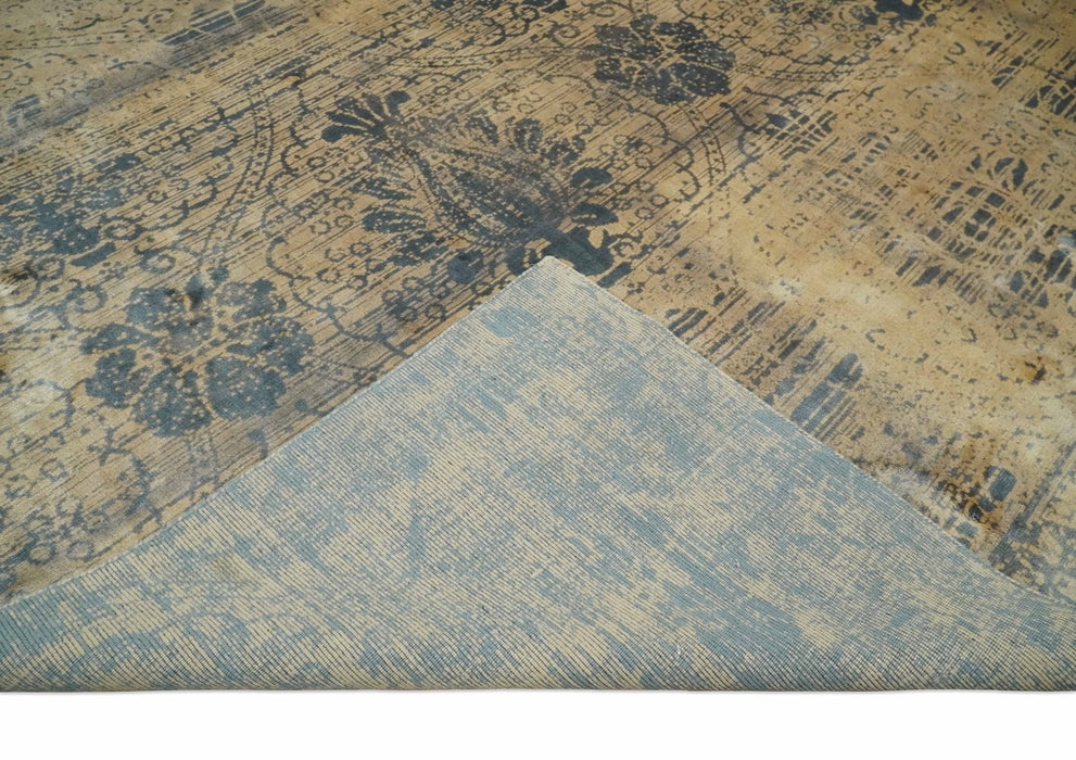 7.6x9x10 Charcoal and Gold Modern Ikat Design Handmade Art Silk Area Rug