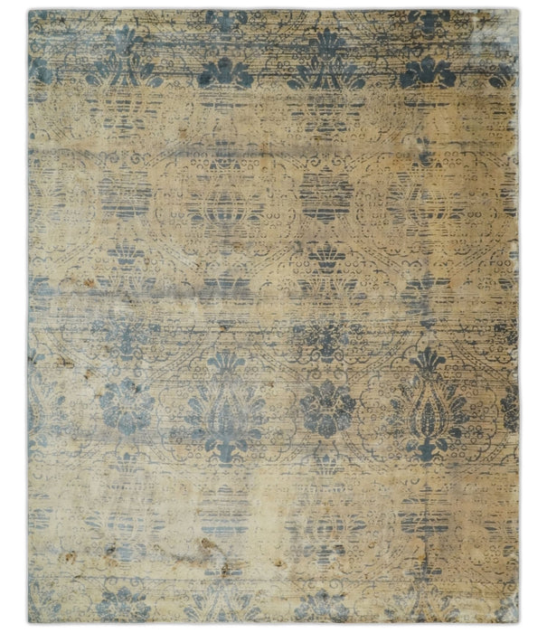 7.6x9x10 Charcoal and Gold Modern Ikat Design Handmade Art Silk Area Rug