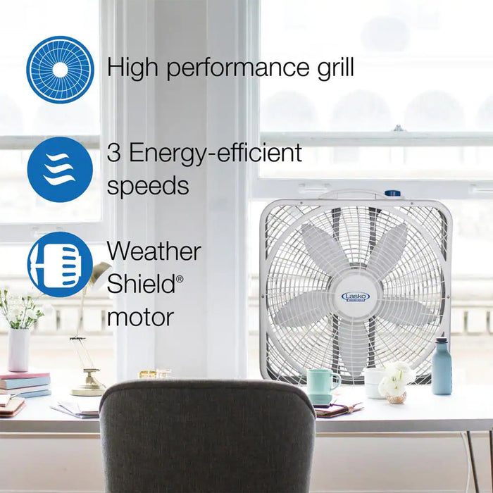 Lasko 20" 3-Speed Weather Shield Performance Box Fan w/ Easy Carry Handle, White