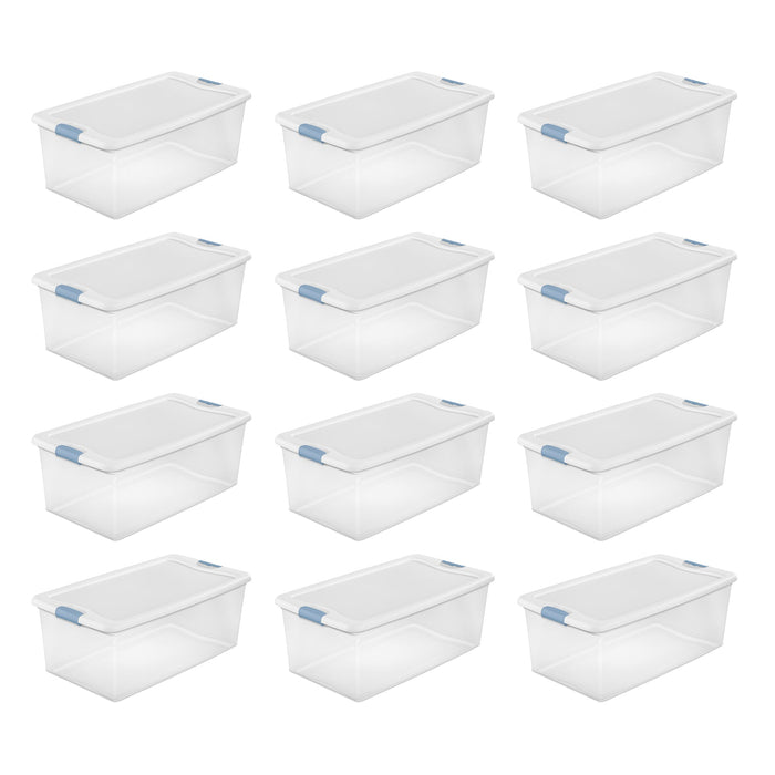 Sterilite 106 Qt Clear Plastic Stackable Storage Bin w/ White Latch Lid, 12 Pack