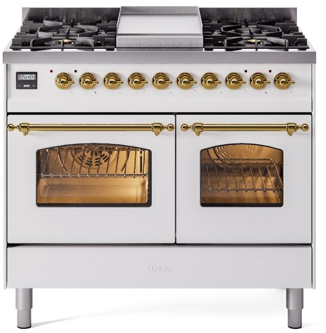 ILVE Nostalgie II 40" Dual Fuel Propane Gas Range in White with Brass Trim, UPD40FNMPWHGLP