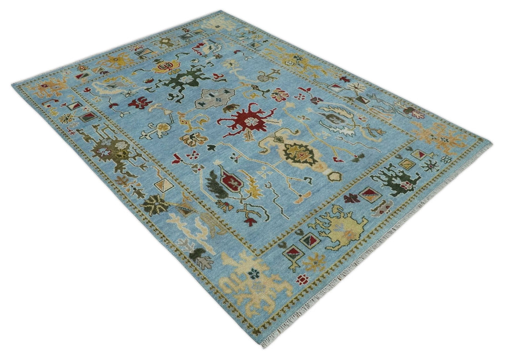7.7x9.9 hand knotted Blue Vibrant Colorful Traditional Oushak Rug