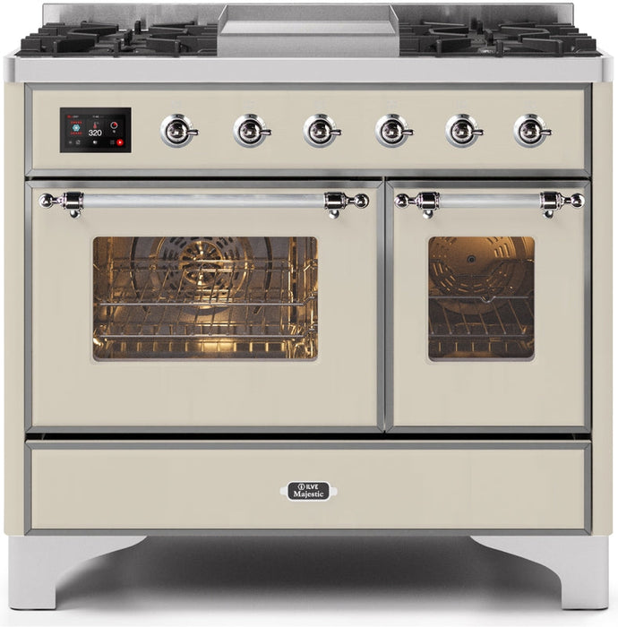 ILVE Majestic II 40" Dual Fuel Propane Gas Range in Antique White with Chrome Trim, UMD10FDNS3AWCLP