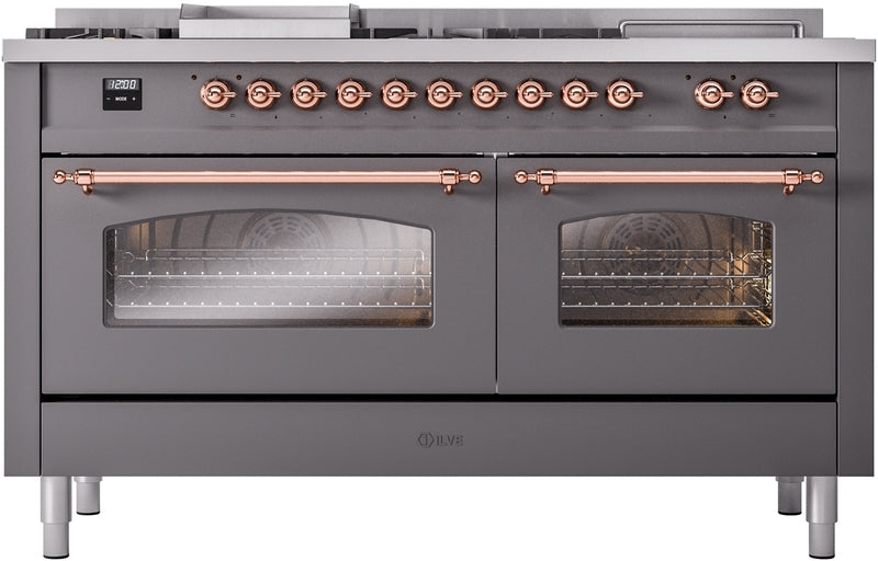 ILVE Nostalgie II 60" Dual Fuel Propane Gas Range in Matte Graphite with Copper Trim, UP60FSNMPMGPLP