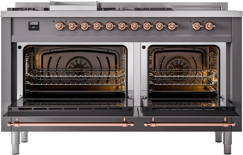 ILVE Nostalgie II 60" Dual Fuel Propane Gas Range in Matte Graphite with Copper Trim, UP60FSNMPMGPLP