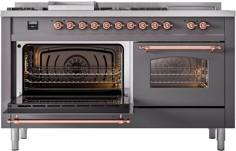 ILVE Nostalgie II 60" Dual Fuel Propane Gas Range in Matte Graphite with Copper Trim, UP60FSNMPMGPLP