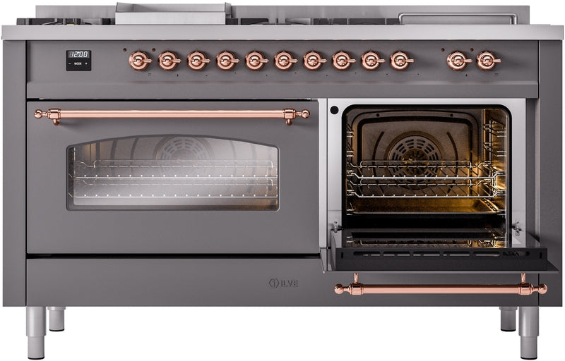 ILVE Nostalgie II 60" Dual Fuel Propane Gas Range in Matte Graphite with Copper Trim, UP60FSNMPMGPLP