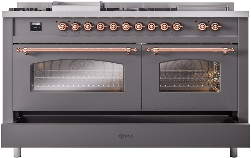 ILVE Nostalgie II 60" Dual Fuel Propane Gas Range in Matte Graphite with Copper Trim, UP60FSNMPMGPLP