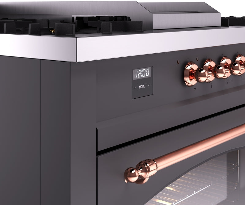 ILVE Nostalgie II 60" Dual Fuel Propane Gas Range in Matte Graphite with Copper Trim, UP60FSNMPMGPLP