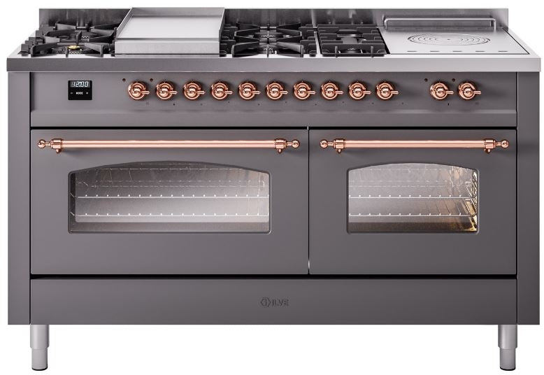 ILVE Nostalgie II 60" Dual Fuel Propane Gas Range in Matte Graphite with Copper Trim, UP60FSNMPMGPLP