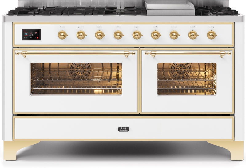 ILVE Majestic II 60" Dual Fuel Propane Gas Range in White with Brass Trim, UM15FDNS3WHGLP