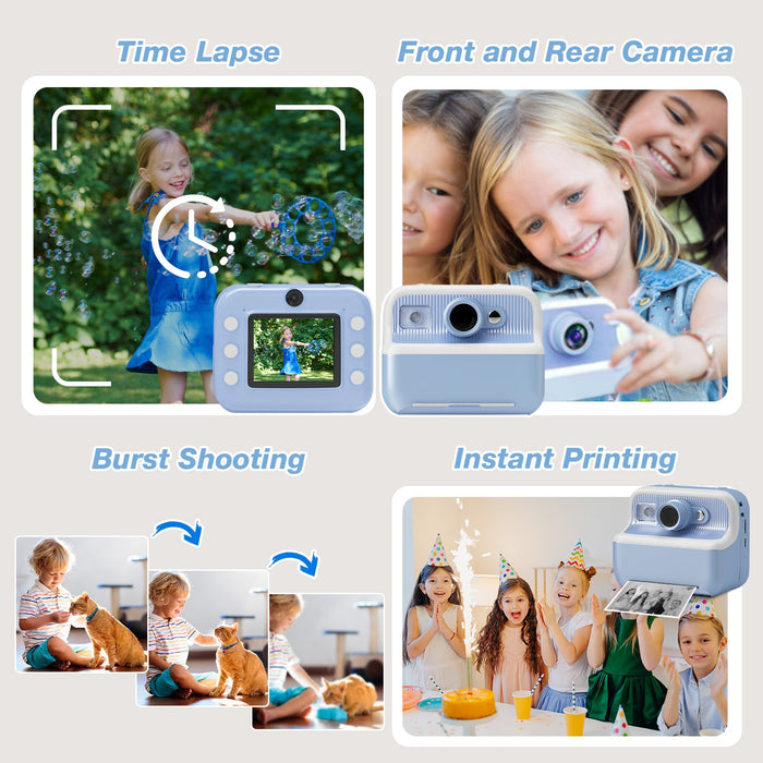 Kids Camera Instant Camera Christmas Birthday Gifts 1080P Digital Video Camera with 3 Rolls Paper, Blue