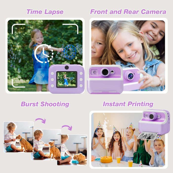 Kids Camera Instant Camera Christmas Birthday Gifts 1080P Digital Video Camera with 3 Rolls Paper, Purple