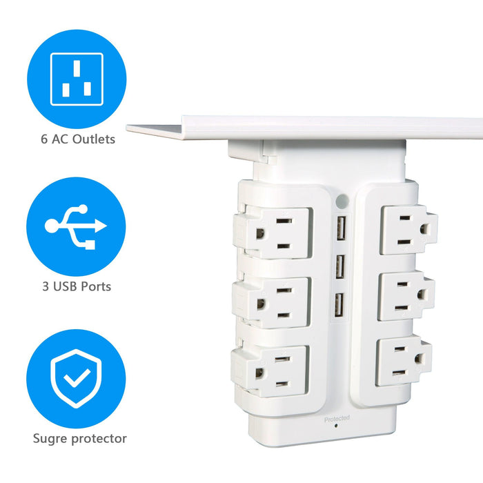 6 Outlet 3 USB Ports Rotating Power Strip with Surge Protector Wall Mount for Home Office