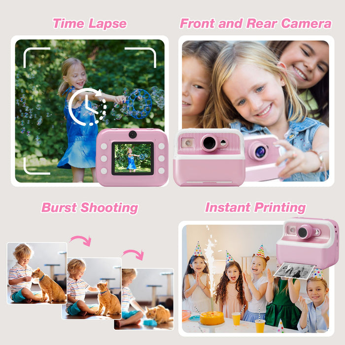 Kids Camera Instant Camera Christmas Birthday Gifts 1080P Digital Video Camera with 3 Rolls Paper, Pink