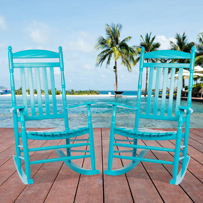 Set of 2 Outdoor Rocking Chairs Wooden High Back Rocker with Armrest for Garden Patio, Blue