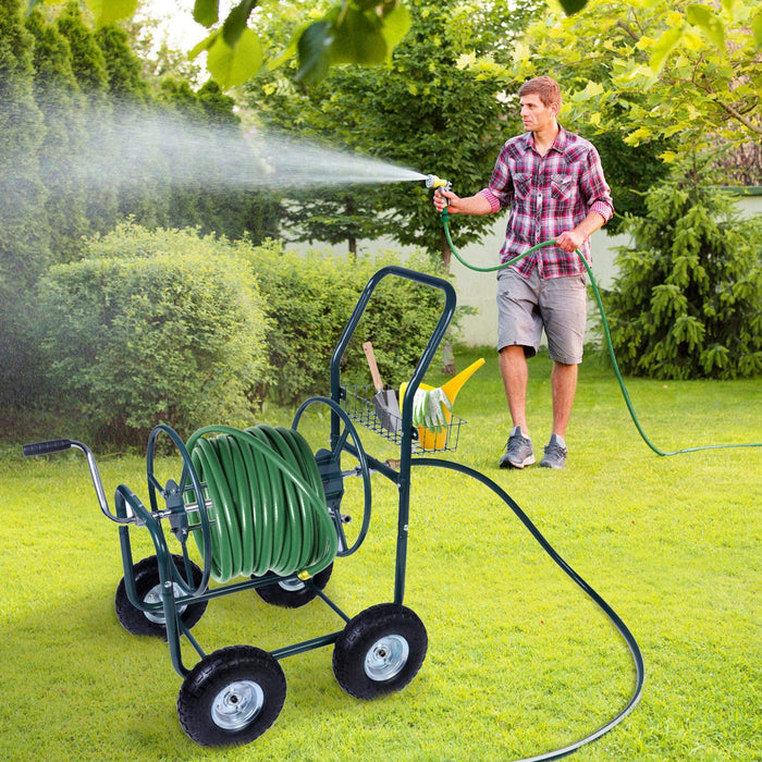 Portable Garden Hose Reel Cart with Wheels with Storage Basket Rust Resistant Water Hose Holder