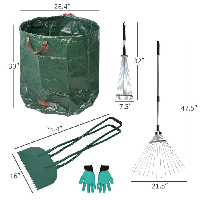 Metal Leaf Rake Set, Comes with Large Leaf Scoop, 2 Garden Bags, 1 Pair of Work Gloves, Leaf Clean-Up Tool