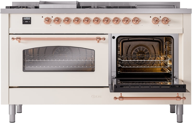 ILVE Nostalgie II 60" Dual Fuel Propane Gas Range in Antique White with Copper Trim, UP60FSNMPAWPLP