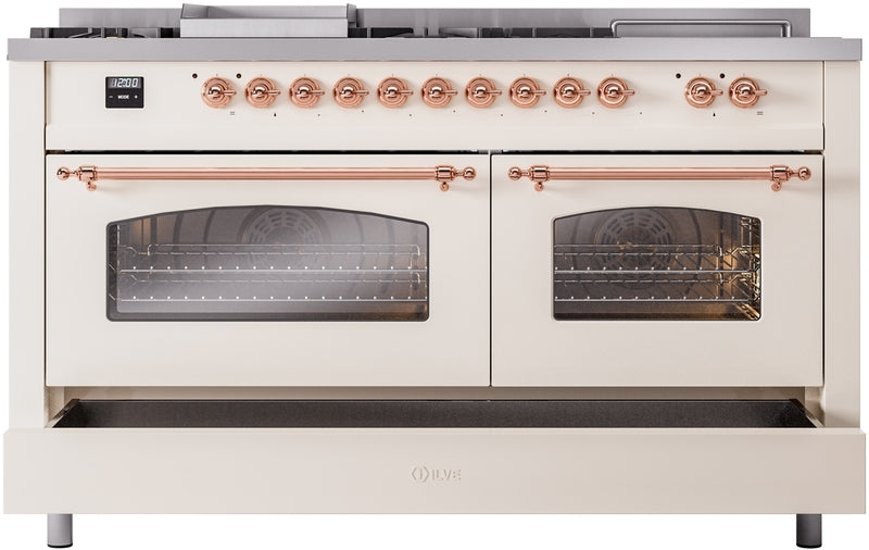 ILVE Nostalgie II 60" Dual Fuel Propane Gas Range in Antique White with Copper Trim, UP60FSNMPAWPLP