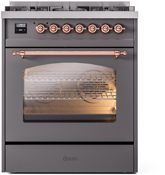 ILVE Nostalgie II 30" Dual Fuel Propane Gas Range in Matte Graphite with Copper Trim, UP30NMPMGPLP