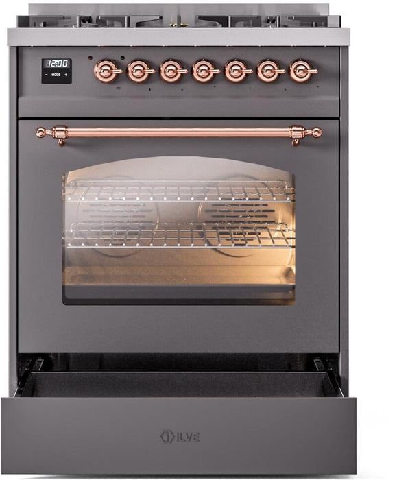 ILVE Nostalgie II 30" Dual Fuel Propane Gas Range in Matte Graphite with Copper Trim, UP30NMPMGPLP