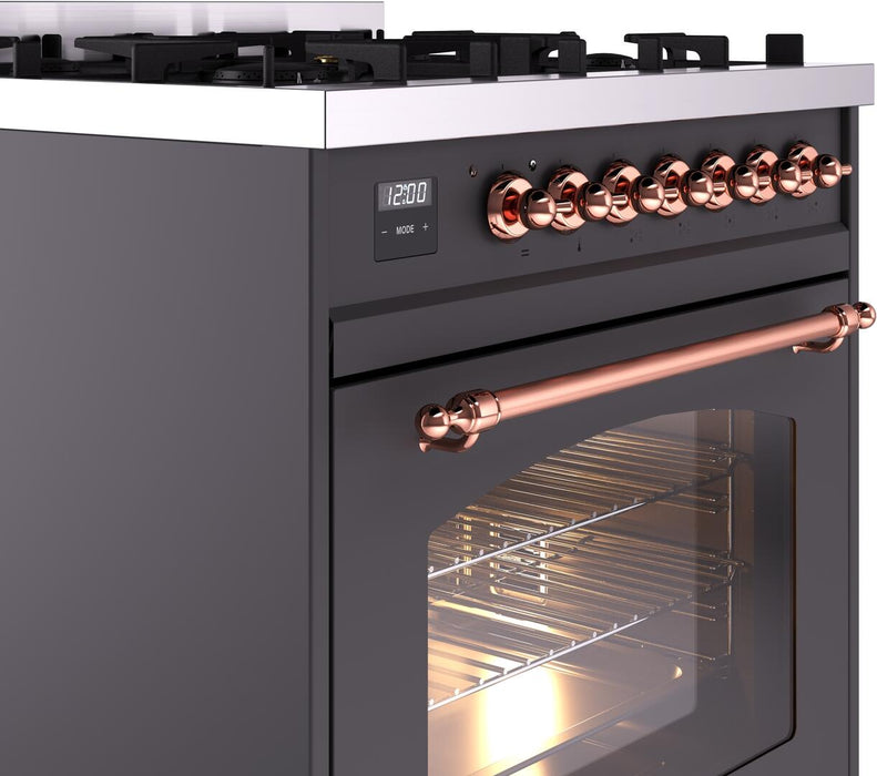 ILVE Nostalgie II 30" Dual Fuel Propane Gas Range in Matte Graphite with Copper Trim, UP30NMPMGPLP