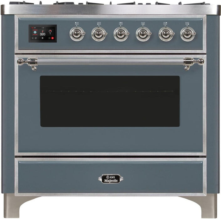 ILVE Majestic II 36" Dual Fuel Natural Gas Range in Blue Grey with Chrome Trim, UM09FDNS3BGC