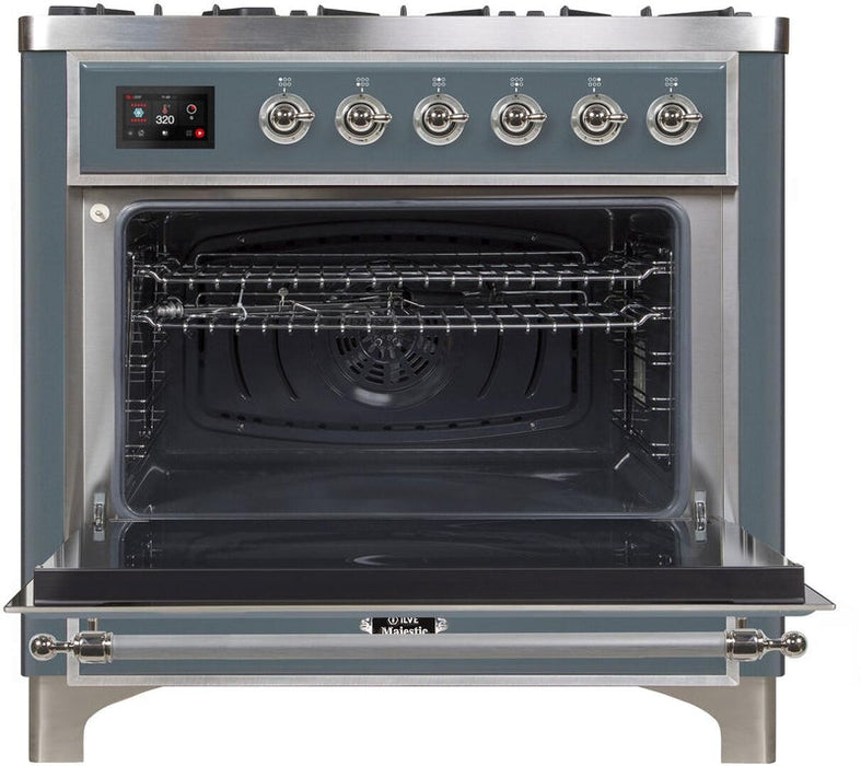 ILVE Majestic II 36" Dual Fuel Natural Gas Range in Blue Grey with Chrome Trim, UM09FDNS3BGC