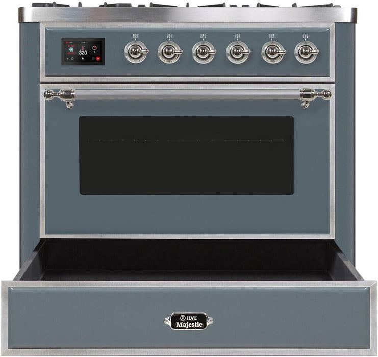 ILVE Majestic II 36" Dual Fuel Natural Gas Range in Blue Grey with Chrome Trim, UM09FDNS3BGC