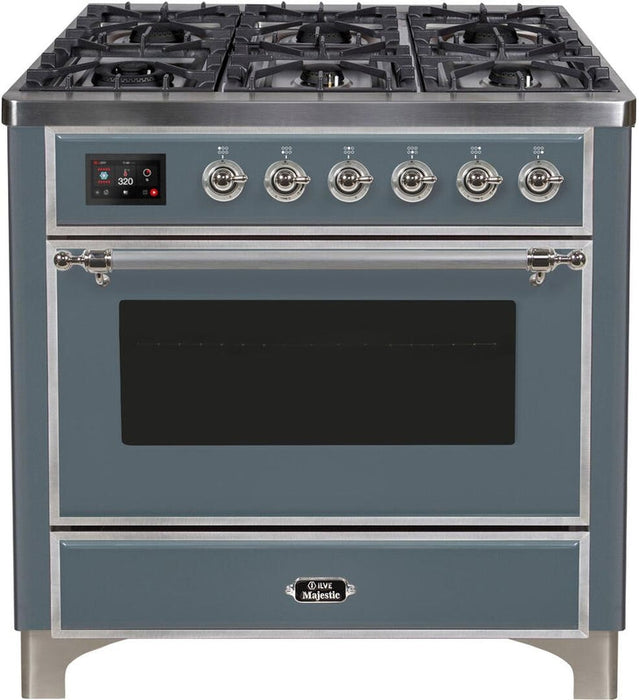 ILVE Majestic II 36" Dual Fuel Natural Gas Range in Blue Grey with Chrome Trim, UM09FDNS3BGC