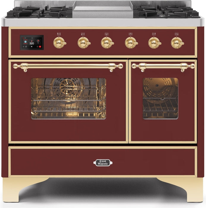 ILVE Majestic II 40" Dual Fuel Propane Gas Range in Burgundy with Brass Trim, UMD10FDNS3BUGLP