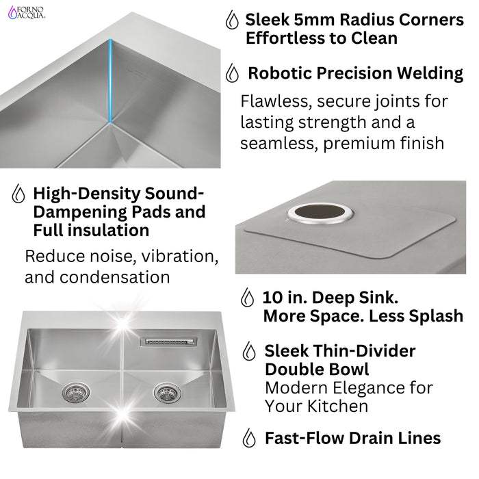 FORNO ACQUA 33 in. Drop-In/Undermount 50/50 Double Bowl Stainless Steel Sink with Faucet & Waterfall