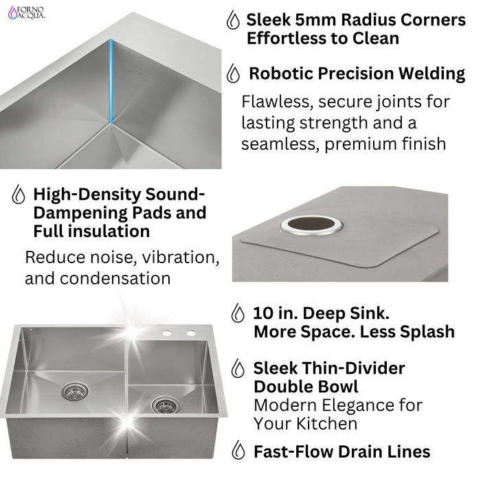 FORNO ACQUA 33 in. Drop-In/Undermount 40/60 Double Bowl Stainless Steel Sink with Waterfall Faucet