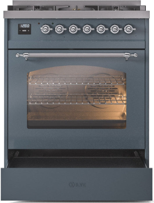 ILVE Nostalgie II 30" Dual Fuel Propane Gas Range in Blue Grey with Chrome Trim, UP30NMPBGCLP