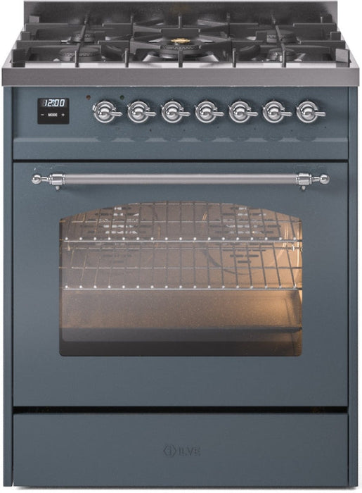 ILVE Nostalgie II 30" Dual Fuel Propane Gas Range in Blue Grey with Chrome Trim, UP30NMPBGCLP