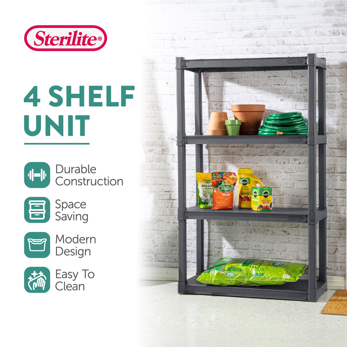 Sterilite 4 Shelf Unit Heavy Duty & Easy to Assemble Plastic Storage Unit, Gray