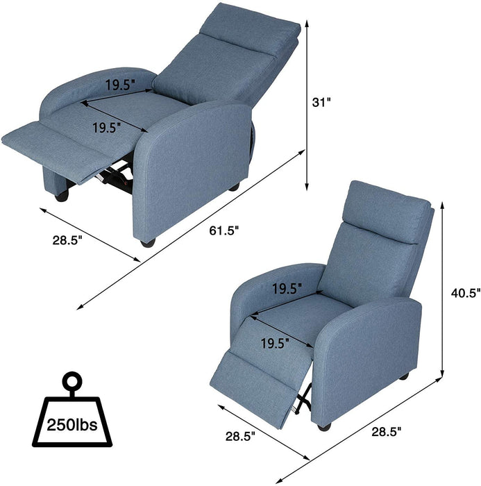 Adjustable Fabric Recliner Chair Ergonomic Recliner Sofa Padded Seat w/Thick Cushion & Backrest, Blue