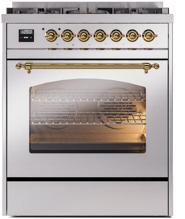 ILVE Nostalgie II 30" Dual Fuel Propane Gas Range in Stainless Steel with Brass Trim, UP30NMPSSGLP