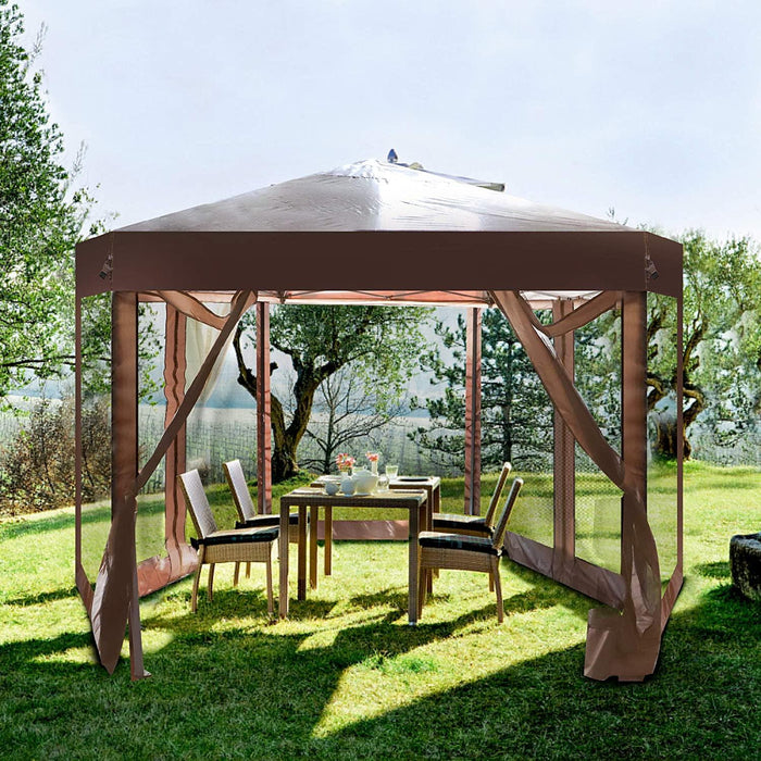 Pop up Gazebo Canopy Tent with Mosquito Netting, Patio Hexagon Outdoor Sun Shade, Brown