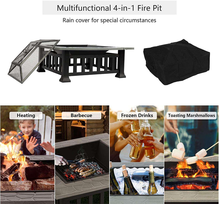 32" Outdoor Square Fire Pits Patio 4 in 1 Fire Pits for Heating Grilling Cooling Drinks & Food