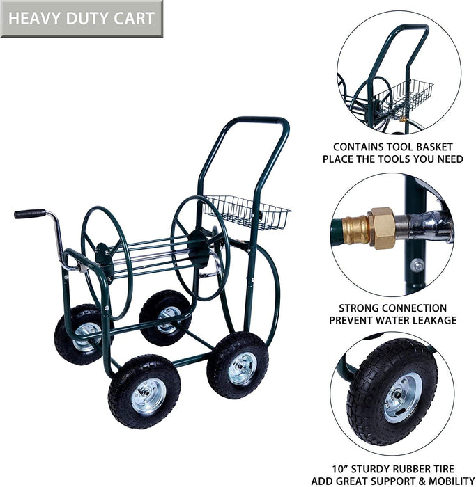 Portable Garden Hose Reel Cart with Wheels with Storage Basket Rust Resistant Water Hose Holder