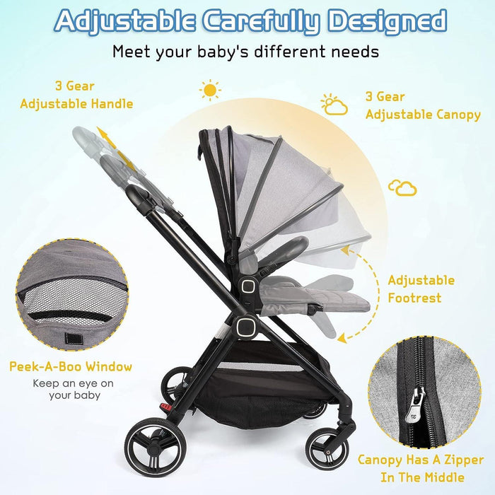 Easy Fold Baby Stroller Lightweight High Landscape Infant Pushchair with Reversible Seat, Gray