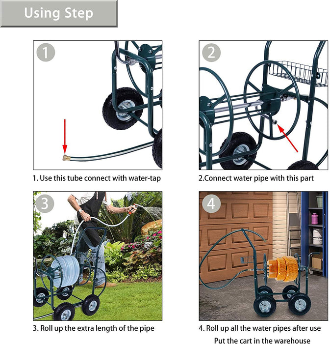 Portable Garden Hose Reel Cart with Wheels with Storage Basket Rust Resistant Water Hose Holder