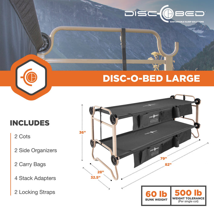 Disc-O-Bed Large Cam-O-Bunk Benchable Double Cot with Storage Organizers, Black