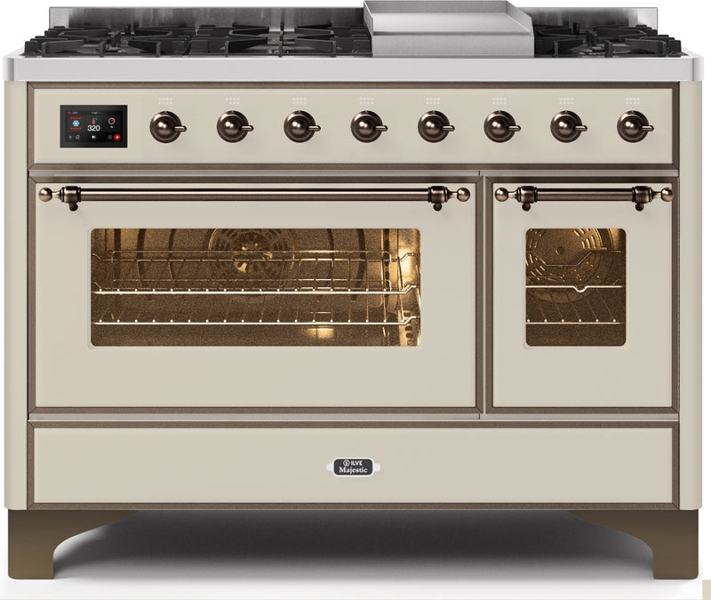 ILVE Majestic II 48" Dual Fuel Propane Gas Range in Antique White with Bronze Trim, UM12FDNS3AWBLP