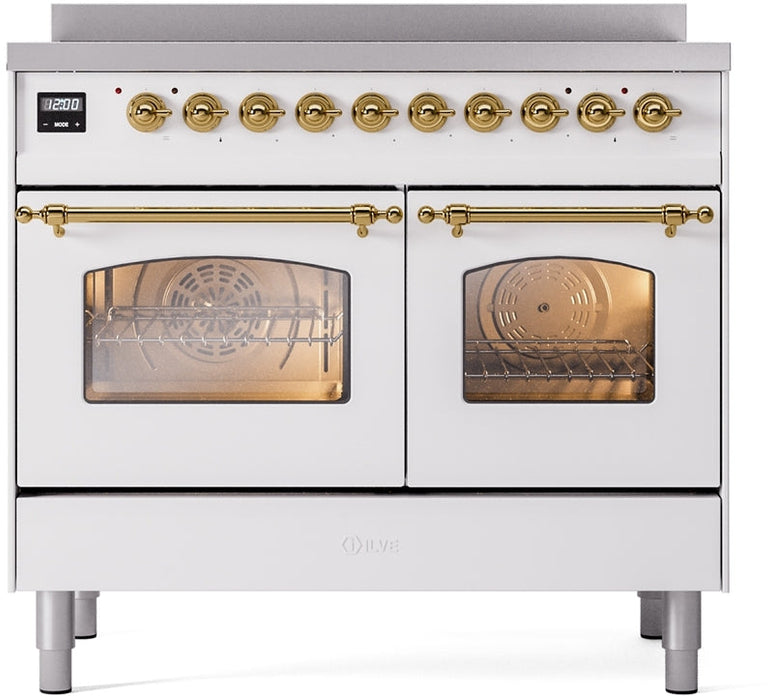 ILVE Nostalgie II 40" Induction Range with Element Stove and Electric Oven in White with Brass Trim, UPDI406NMPWHG