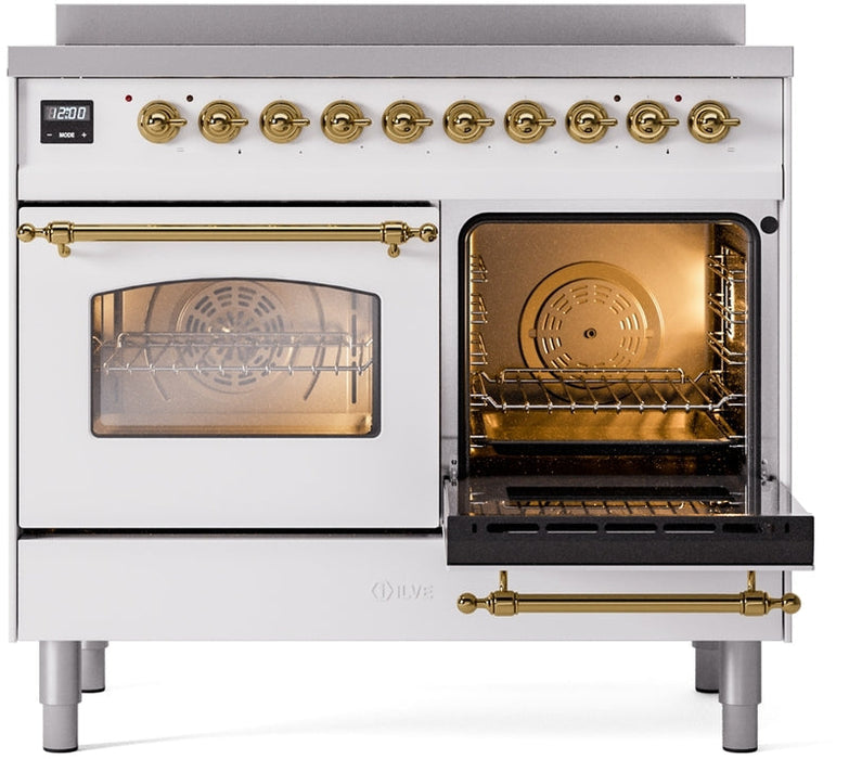 ILVE Nostalgie II 40" Induction Range with Element Stove and Electric Oven in White with Brass Trim, UPDI406NMPWHG